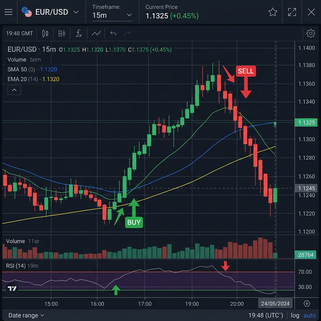 EUR/USD 15-minute candlestick chart with buy and sell arrows and technical indicators