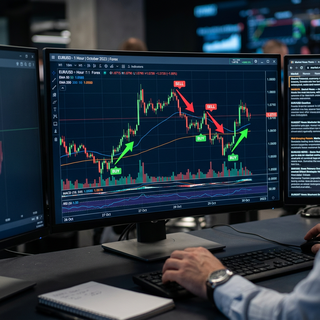 Forex trading chart displaying EUR/USD price trends with buy and sell arrows on a computer monitor