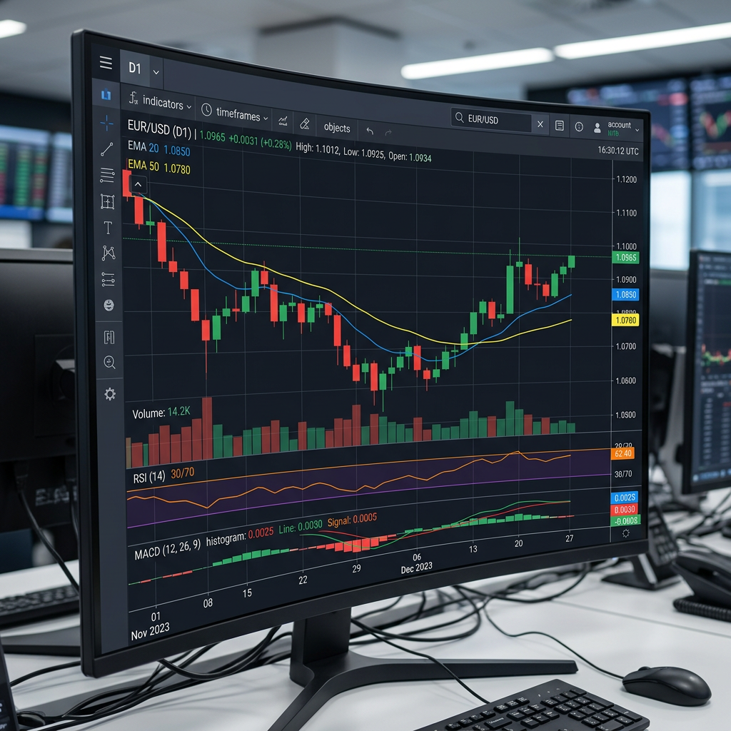 EUR/USD forex trading chart on curved monitor showing candlesticks, moving averages, volume, RSI, and MACD indicators